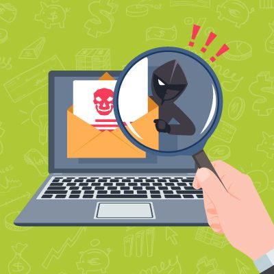 Green background with a cartoon illustrator of a magnifying glass over a laptop depicting fraud