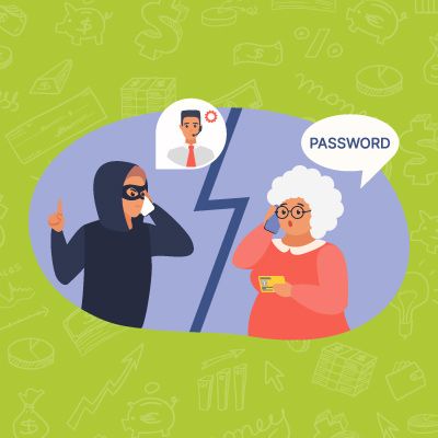 Green background with a cartoon illustrator of woman on the phone talking to someone posing as another person